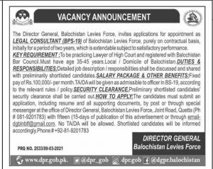 Balochistan Levies Jobs for Legal Consultant 2021