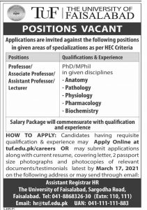 The University Of Faisalabad Jobs 2021