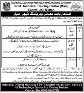 Government Technical Training Centre Central Jail Multan Jobs 2021